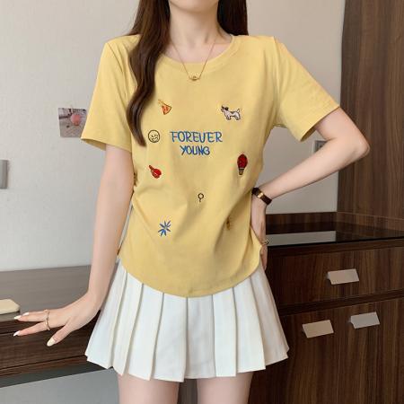 BY12017# 夏装新款胖mm大码女甜美刺绣卡通字母弧形掐腰短袖T恤 服裝批發女裝批發服飾貨源