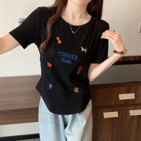 BY12017# 夏装新款胖mm大码女甜美刺绣卡通字母弧形掐腰短袖T恤 服裝批發女裝批發服飾貨源