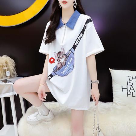 BY12018# 夏季潮牌棉大码牛仔领印花短袖T恤女 服裝批發女裝批發服飾貨源