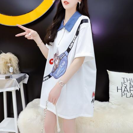 BY12018# 夏季潮牌棉大码牛仔领印花短袖T恤女 服裝批發女裝批發服飾貨源