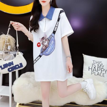 BY12018# 夏季潮牌棉大码牛仔领印花短袖T恤女 服裝批發女裝批發服飾貨源