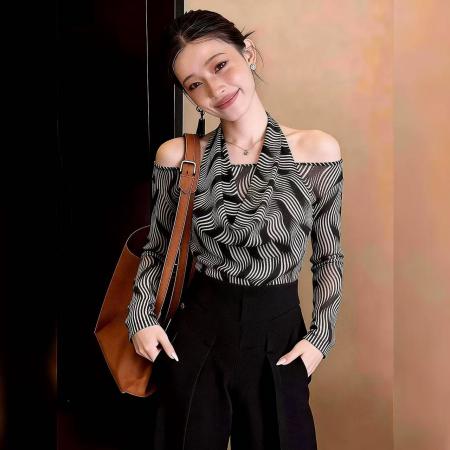 BY12019# 轻熟御姐风挂脖露肩波浪纹网纱上衣春季新款时尚别致衬衣女 服裝批發女裝批發服飾貨源