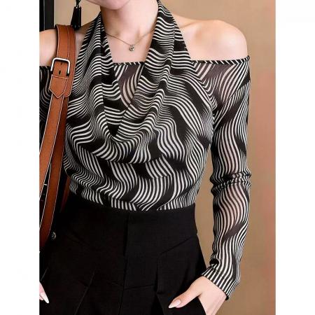 BY12019# 轻熟御姐风挂脖露肩波浪纹网纱上衣春季新款时尚别致衬衣女 服裝批發女裝批發服飾貨源