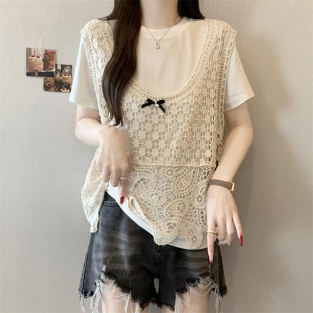 BY12020# ～大码钩花镂空V领背心马甲女夏季新款显瘦叠穿外搭罩衫 服裝批發女裝批發服飾貨源
