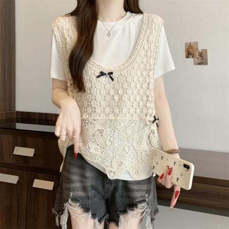 BY12020# ～大码钩花镂空V领背心马甲女夏季新款显瘦叠穿外搭罩衫 服裝批發女裝批發服飾貨源