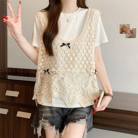 BY12020# ～大码钩花镂空V领背心马甲女夏季新款显瘦叠穿外搭罩衫 服裝批發女裝批發服飾貨源