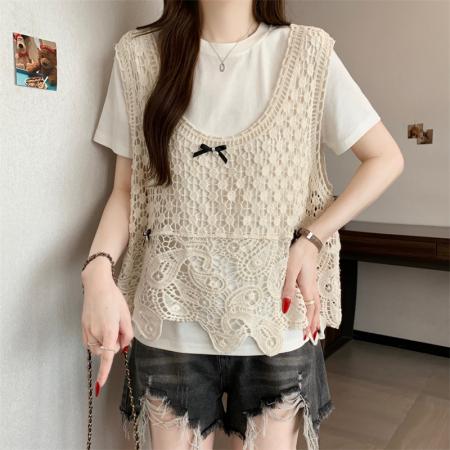 BY12020# ～大码钩花镂空V领背心马甲女夏季新款显瘦叠穿外搭罩衫 服裝批發女裝批發服飾貨源
