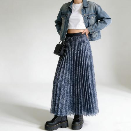 BY12021# 复古豹纹压褶半身裙高腰垂坠网纱长裙韩系温柔百褶裙春夏季款 服裝批發女裝批發服飾貨源