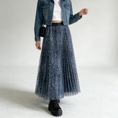 BY12021# 复古豹纹压褶半身裙高腰垂坠网纱长裙韩系温柔百褶裙春夏季款 服裝批發女裝批發服飾貨源