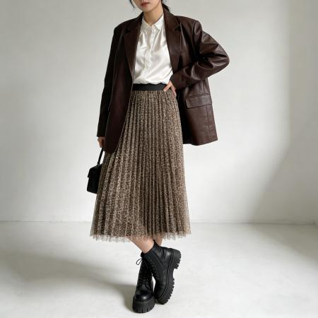 BY12021# 复古豹纹压褶半身裙高腰垂坠网纱长裙韩系温柔百褶裙春夏季款 服裝批發女裝批發服飾貨源