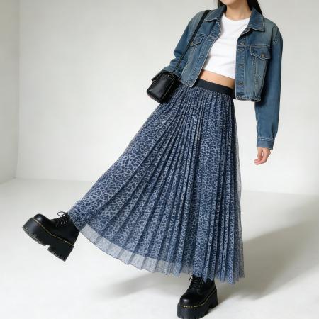 BY12021# 复古豹纹压褶半身裙高腰垂坠网纱长裙韩系温柔百褶裙春夏季款 服裝批發女裝批發服飾貨源