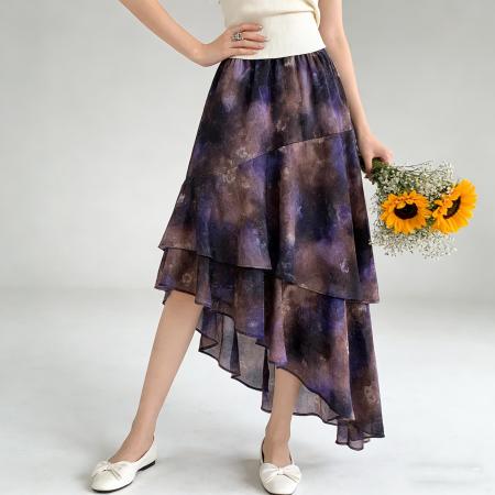 BY12022# 不规则复古印花半身裙女春夏新款松紧高腰显瘦a字中长款裙子 服裝批發女裝批發服飾貨源