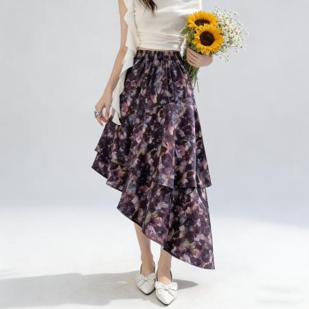 BY12022# 不规则复古印花半身裙女春夏新款松紧高腰显瘦a字中长款裙子 服裝批發女裝批發服飾貨源