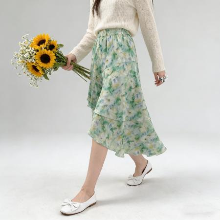 BY12022# 不规则复古印花半身裙女春夏新款松紧高腰显瘦a字中长款裙子 服裝批發女裝批發服飾貨源