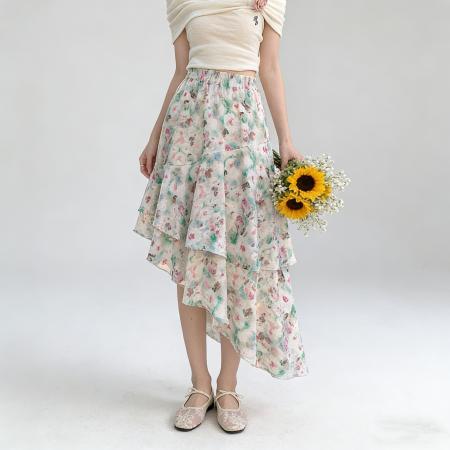 BY12022# 不规则复古印花半身裙女春夏新款松紧高腰显瘦a字中长款裙子 服裝批發女裝批發服飾貨源