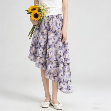 BY12022# 不规则复古印花半身裙女春夏新款松紧高腰显瘦a字中长款裙子 服裝批發女裝批發服飾貨源