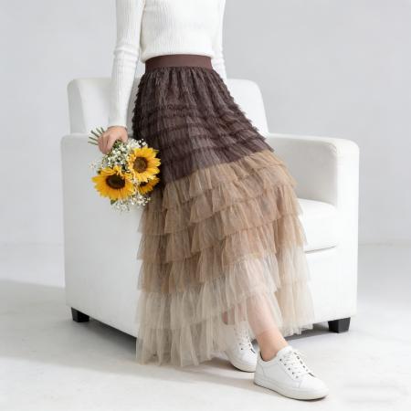 法式仙女气质多层次拼色网纱半身裙女春秋季高腰A字裙层层蛋糕裙 服裝批發女裝批發服飾貨源