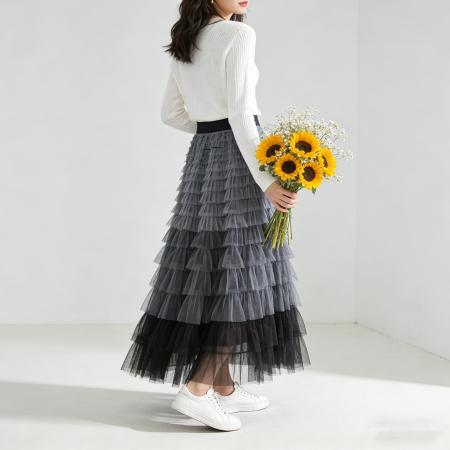 法式仙女气质多层次拼色网纱半身裙女春秋季高腰A字裙层层蛋糕裙 服裝批發女裝批發服飾貨源