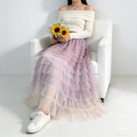 法式仙女气质多层次拼色网纱半身裙女春秋季高腰A字裙层层蛋糕裙 服裝批發女裝批發服飾貨源