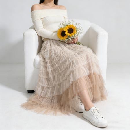 法式仙女气质多层次拼色网纱半身裙女春秋季高腰A字裙层层蛋糕裙 服裝批發女裝批發服飾貨源