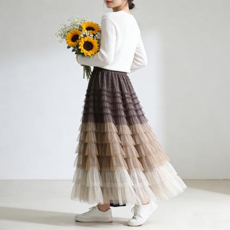 法式仙女气质多层次拼色网纱半身裙女春秋季高腰A字裙层层蛋糕裙 服裝批發女裝批發服飾貨源