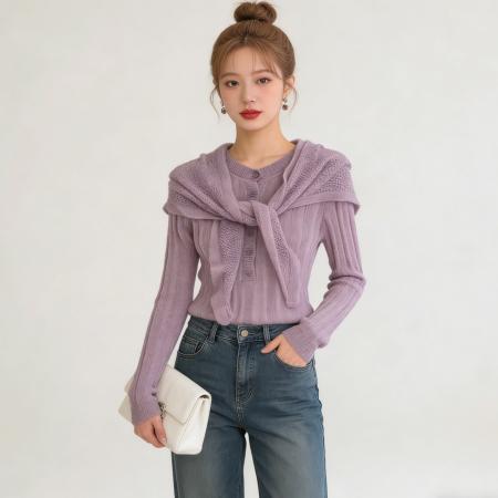 BY12026# 早春韩系新款亨利领披肩长袖t恤女春季叠穿修身针织打底上衣 服裝批發女裝批發服飾貨源