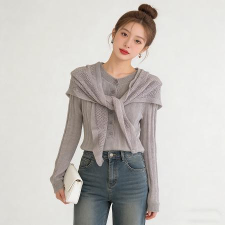 BY12026# 早春韩系新款亨利领披肩长袖t恤女春季叠穿修身针织打底上衣 服裝批發女裝批發服飾貨源