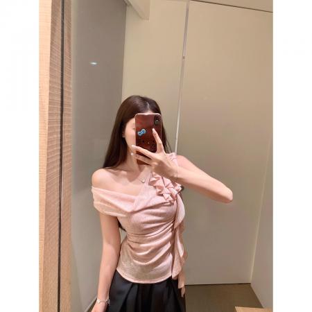 BY12028# 天丝螺纹一字肩短袖t恤女纯欲性感不规则荷叶边斜肩飘带上衣 服裝批發女裝批發服飾貨源