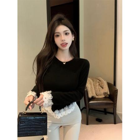 BY12031# 不规则蕾丝花边长袖T恤女装秋季新款修身上衣 服裝批發女裝批發服飾貨源