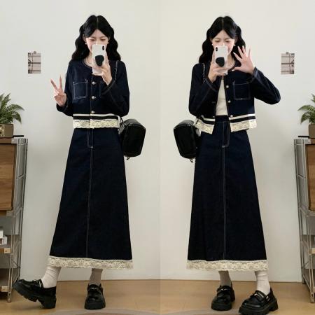 BY12032# 大码女装蕾丝花边拼接套装胖MM收腰显瘦长袖上衣半身裙两件套 服裝批發女裝批發服飾貨源