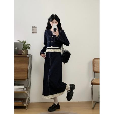 BY12032# 大码女装蕾丝花边拼接套装胖MM收腰显瘦长袖上衣半身裙两件套 服裝批發女裝批發服飾貨源