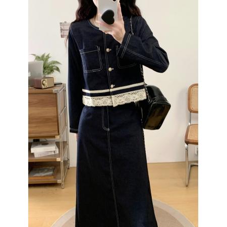 BY12032# 大码女装蕾丝花边拼接套装胖MM收腰显瘦长袖上衣半身裙两件套 服裝批發女裝批發服飾貨源