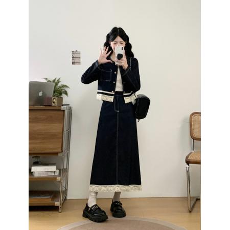 BY12032# 大码女装蕾丝花边拼接套装胖MM收腰显瘦长袖上衣半身裙两件套 服裝批發女裝批發服飾貨源