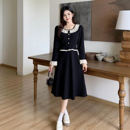 BY12033# 大码女装胖MM收腰显瘦韩版长袖春夏连衣裙简约韩版甜美A字裙 服裝批發女裝批發服飾貨源