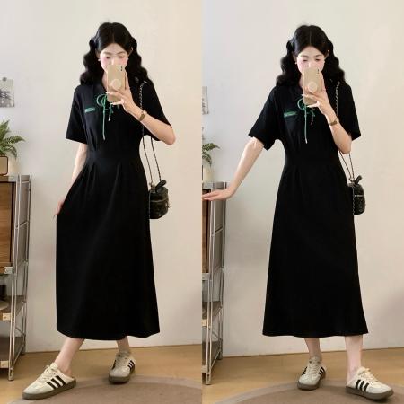 BY12034# ～夏新款黑色系带大码连衣裙Polo领气质减龄掐腰显瘦裙 服裝批發女裝批發服飾貨源
