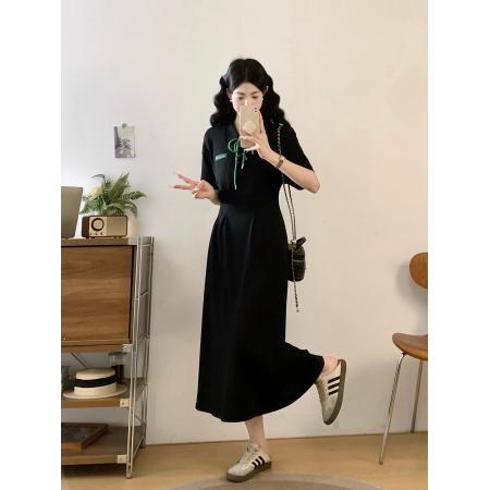 BY12034# ～夏新款黑色系带大码连衣裙Polo领气质减龄掐腰显瘦裙 服裝批發女裝批發服飾貨源