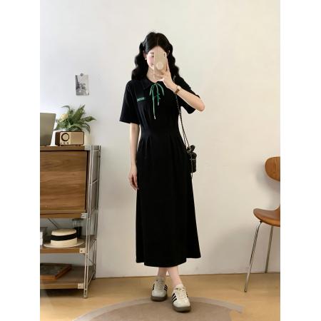 BY12034# ～夏新款黑色系带大码连衣裙Polo领气质减龄掐腰显瘦裙 服裝批發女裝批發服飾貨源