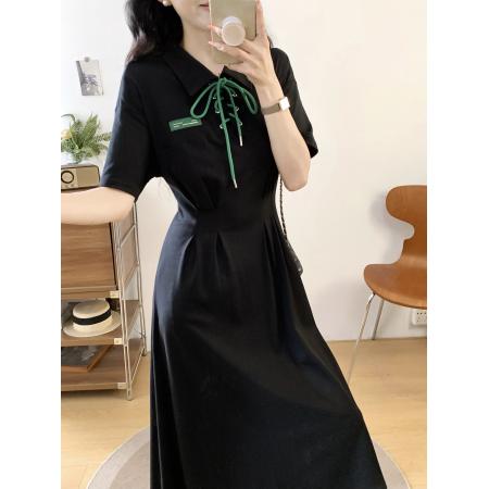 BY12034# ～夏新款黑色系带大码连衣裙Polo领气质减龄掐腰显瘦裙 服裝批發女裝批發服飾貨源