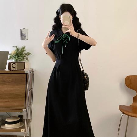 BY12034# ～夏新款黑色系带大码连衣裙Polo领气质减龄掐腰显瘦裙 服裝批發女裝批發服飾貨源