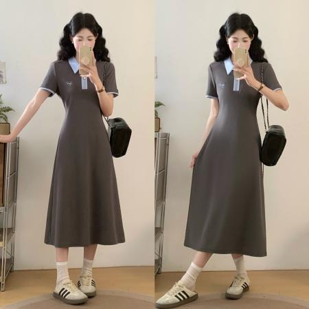 BY12035# 夏季新款撞色拉链POLO领大码连衣裙休闲轻运动中长裙 服裝批發女裝批發服飾貨源