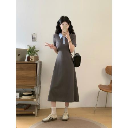 BY12035# 夏季新款撞色拉链POLO领大码连衣裙休闲轻运动中长裙 服裝批發女裝批發服飾貨源