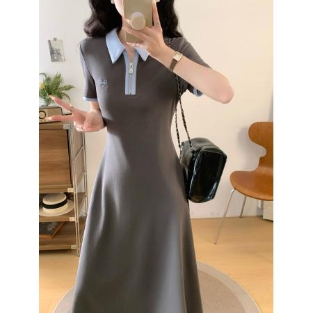 BY12035# 夏季新款撞色拉链POLO领大码连衣裙休闲轻运动中长裙 服裝批發女裝批發服飾貨源