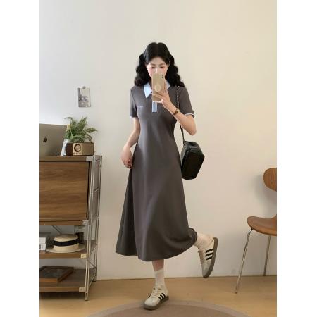 BY12035# 夏季新款撞色拉链POLO领大码连衣裙休闲轻运动中长裙 服裝批發女裝批發服飾貨源