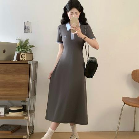 BY12035# 夏季新款撞色拉链POLO领大码连衣裙休闲轻运动中长裙 服裝批發女裝批發服飾貨源