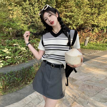 BY12036# 大码女装韩版个性拼接条纹假两件套 服裝批發女裝批發服飾貨源