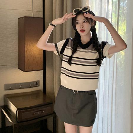 BY12036# 大码女装韩版个性拼接条纹假两件套 服裝批發女裝批發服飾貨源