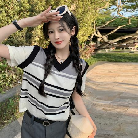 BY12036# 大码女装韩版个性拼接条纹假两件套 服裝批發女裝批發服飾貨源