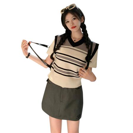 BY12036# 大码女装韩版个性拼接条纹假两件套 服裝批發女裝批發服飾貨源