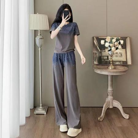 BY12039# 渐变色钉珠休闲运动套装女夏季减龄一整套穿搭简约时尚洋气两件套 服裝批發女裝批發服飾貨源