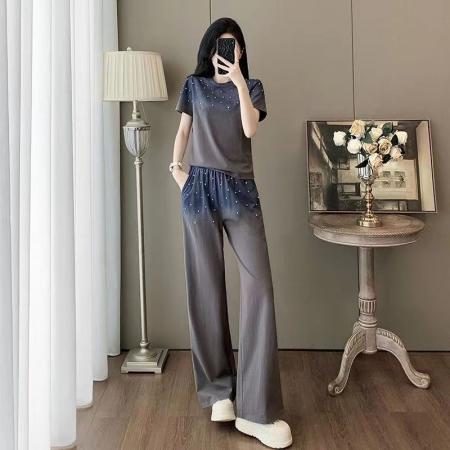 BY12039# 渐变色钉珠休闲运动套装女夏季减龄一整套穿搭简约时尚洋气两件套 服裝批發女裝批發服飾貨源